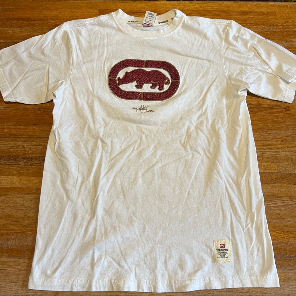 Ecko Unlimited Large White Red Rhino Raised Logo Graphic Y2K Streetwear Shirt